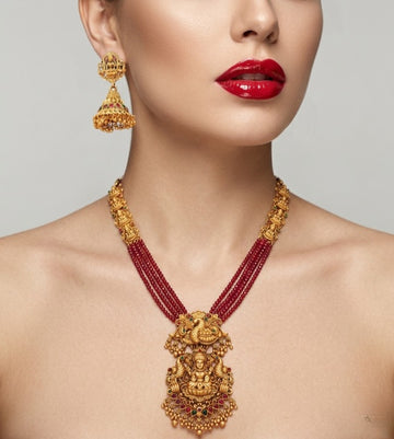 Jewel City Gold Plated South Indian Temple Jewelry Set - Long Pearl Haram Necklace with Jhumka Earrings for Wedding - Dista