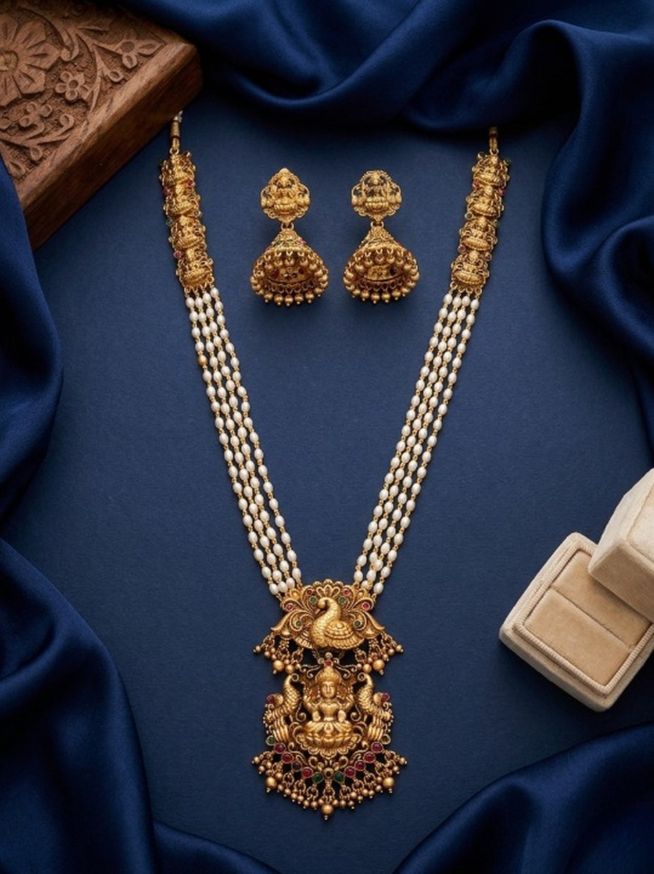 Jewel City Gold Plated South Indian Temple Jewelry Set - Long Pearl Haram Necklace with Jhumka Earrings for Wedding - Dista