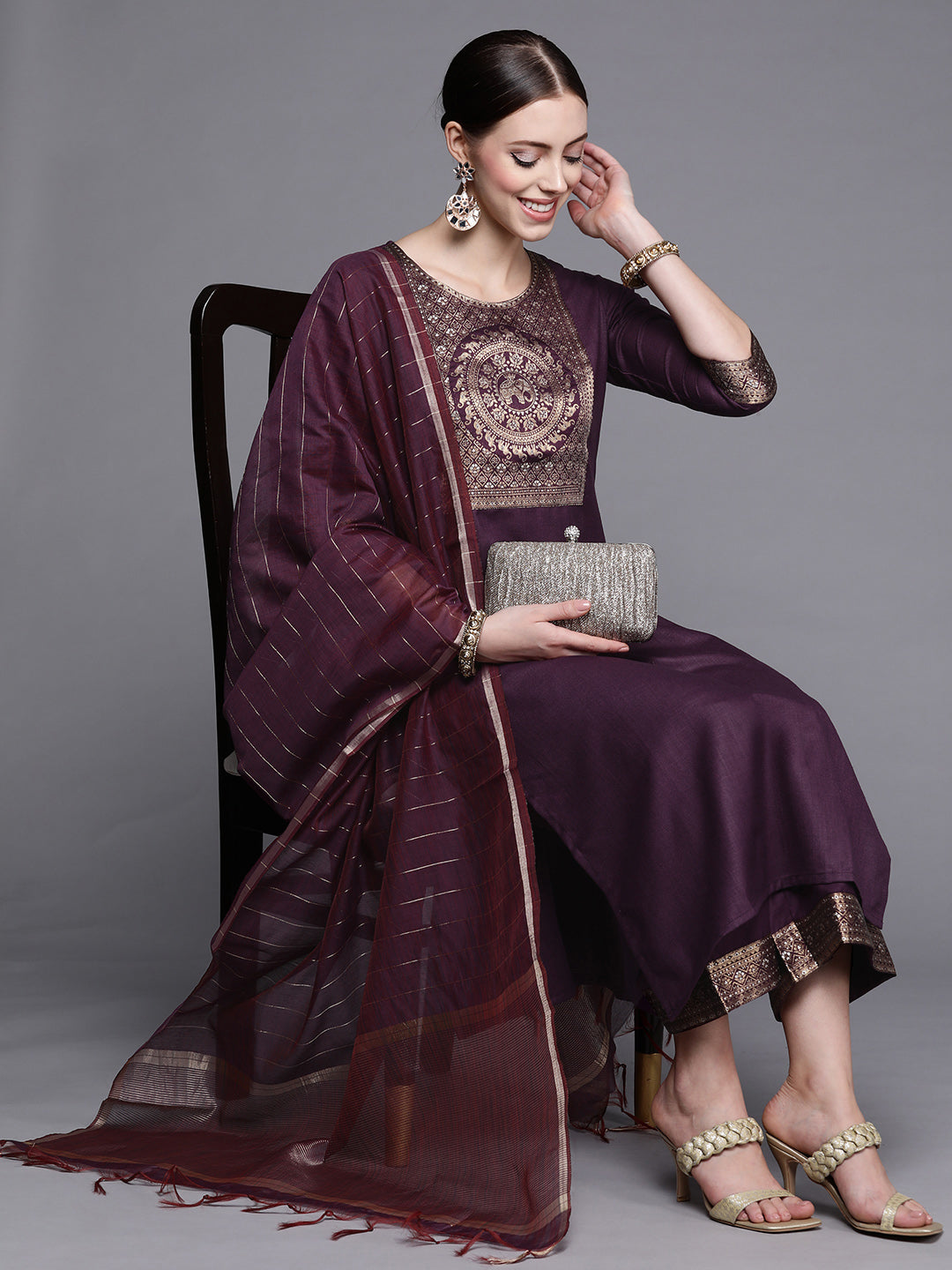 Indo Era Solid Wine Straight Kurta Palazzo With Dupatta Set - Distacart