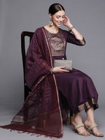 Thumbnail for Indo Era Solid Wine Straight Kurta Palazzo With Dupatta Set - Distacart