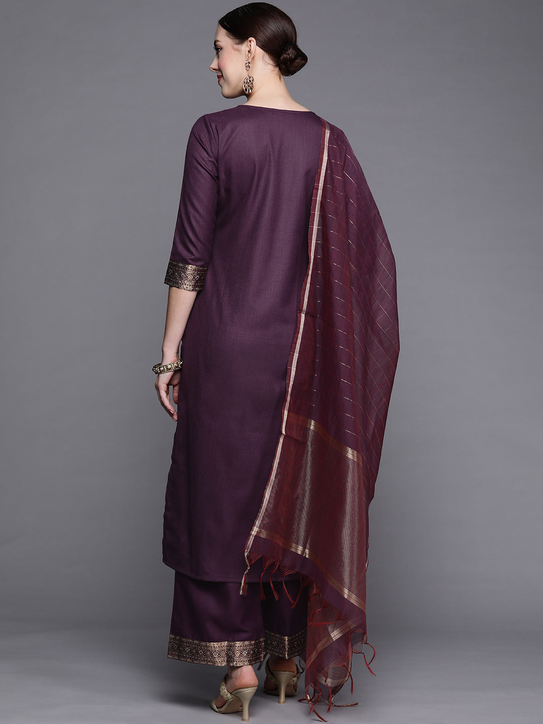 Indo Era Solid Wine Straight Kurta Palazzo With Dupatta Set - Distacart