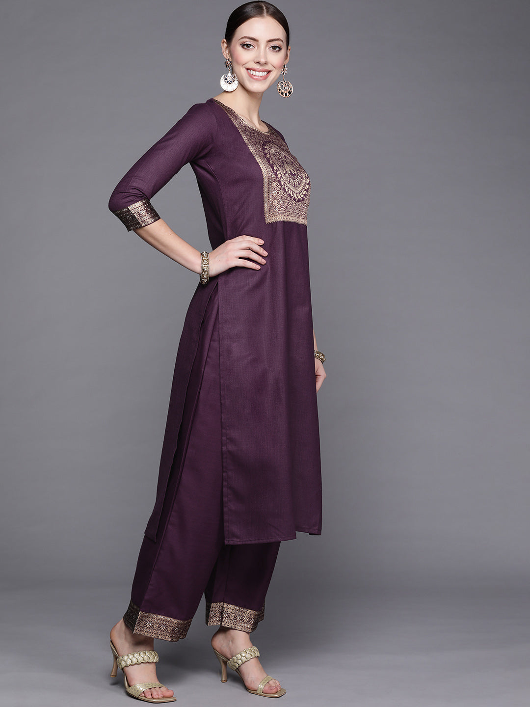 Indo Era Solid Wine Straight Kurta Palazzo With Dupatta Set - Distacart