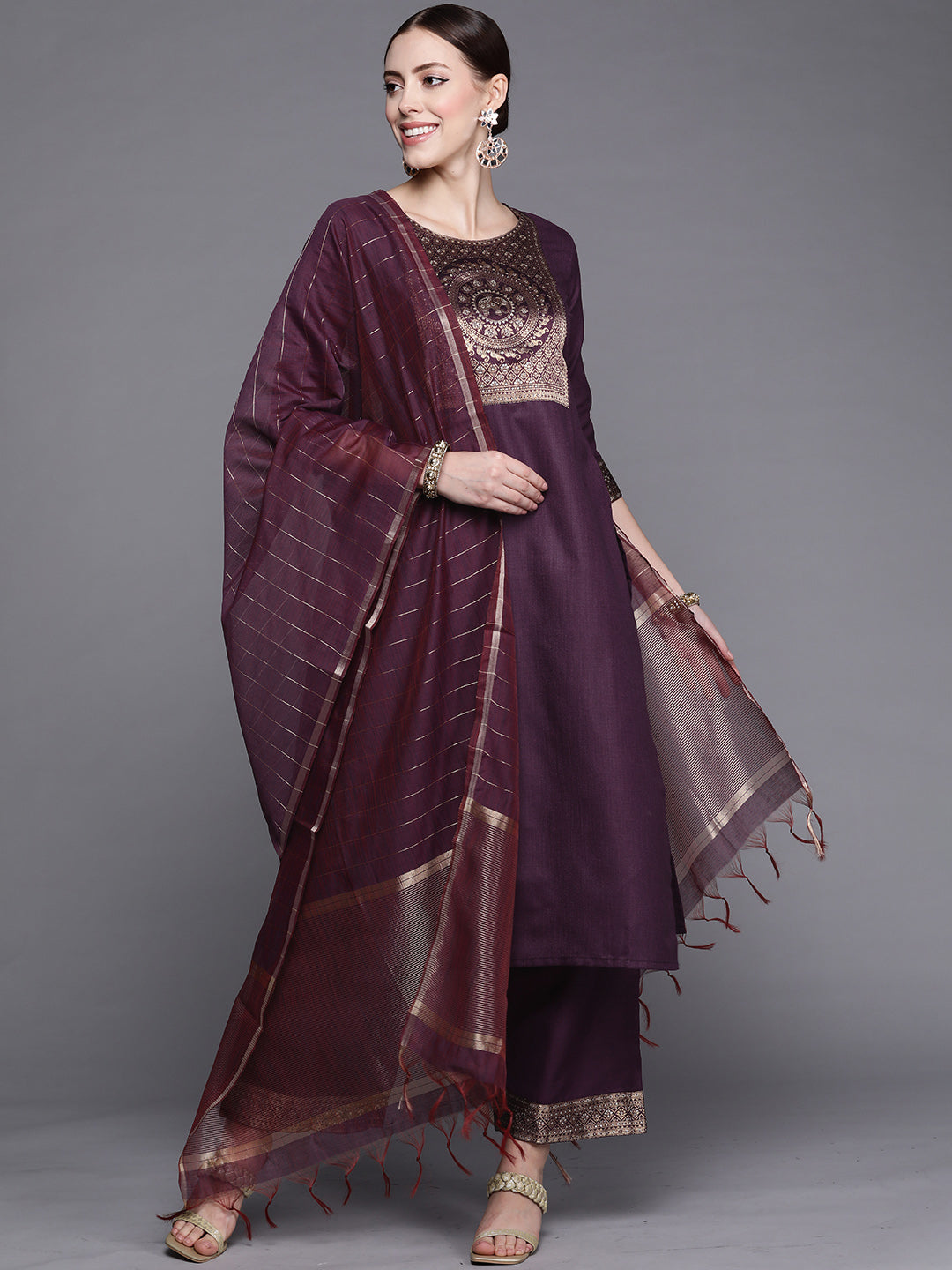 Indo Era Solid Wine Straight Kurta Palazzo With Dupatta Set - Distacart