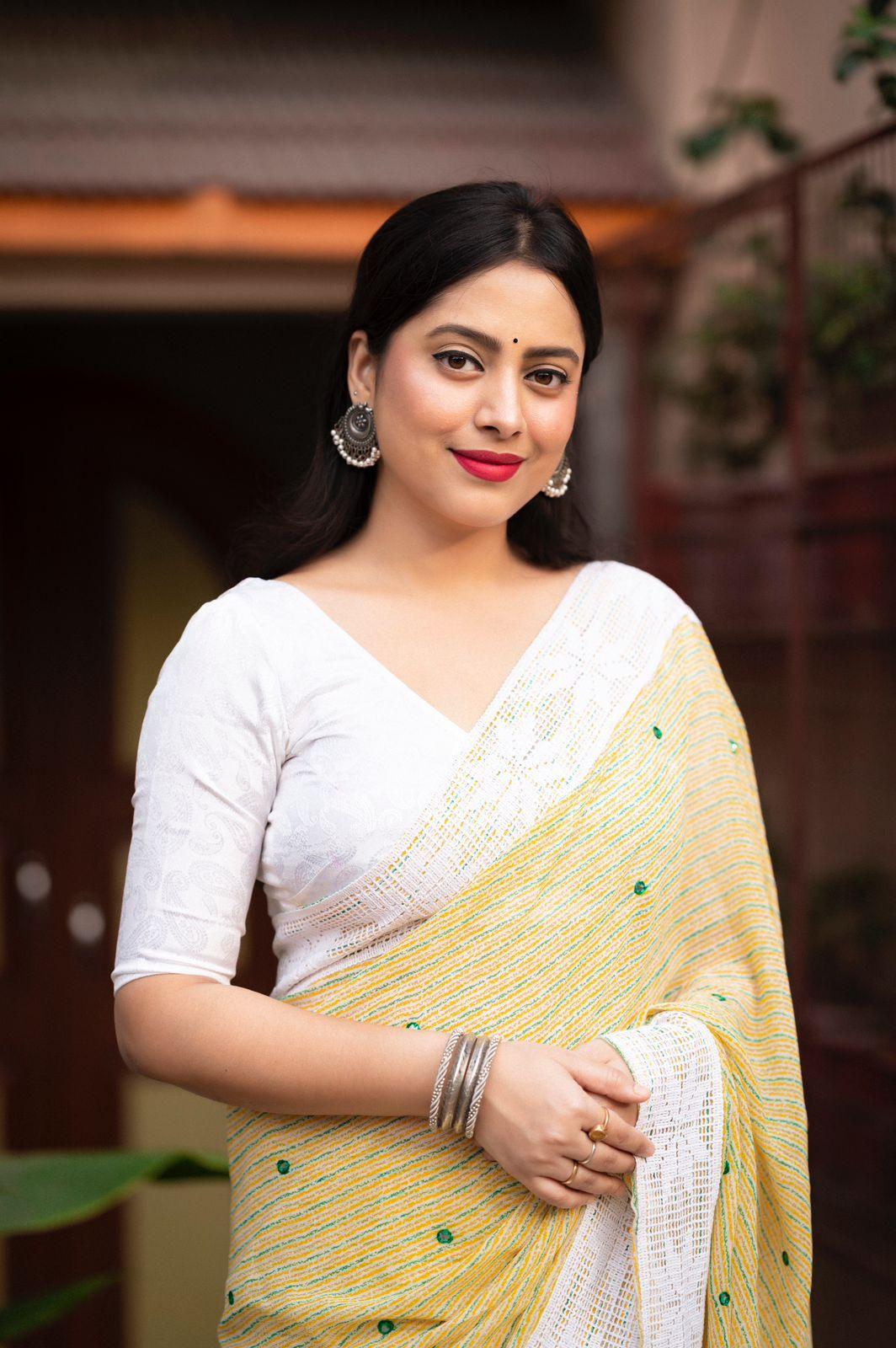 Lemon Poly Georgette Ethnic Motifs Saree with Unstitched Blouse - Hiral Fashion - Distacart