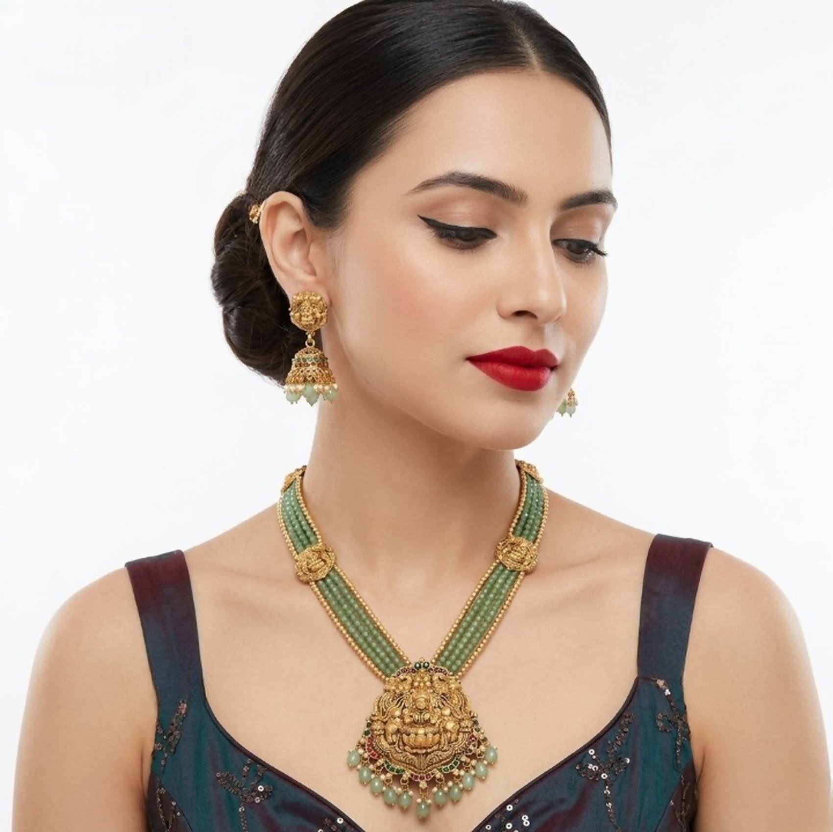 Jewel City Antique Gold-Plated Lakshmi Temple Necklace Set with Green Beads and Jhumkas - Distacart