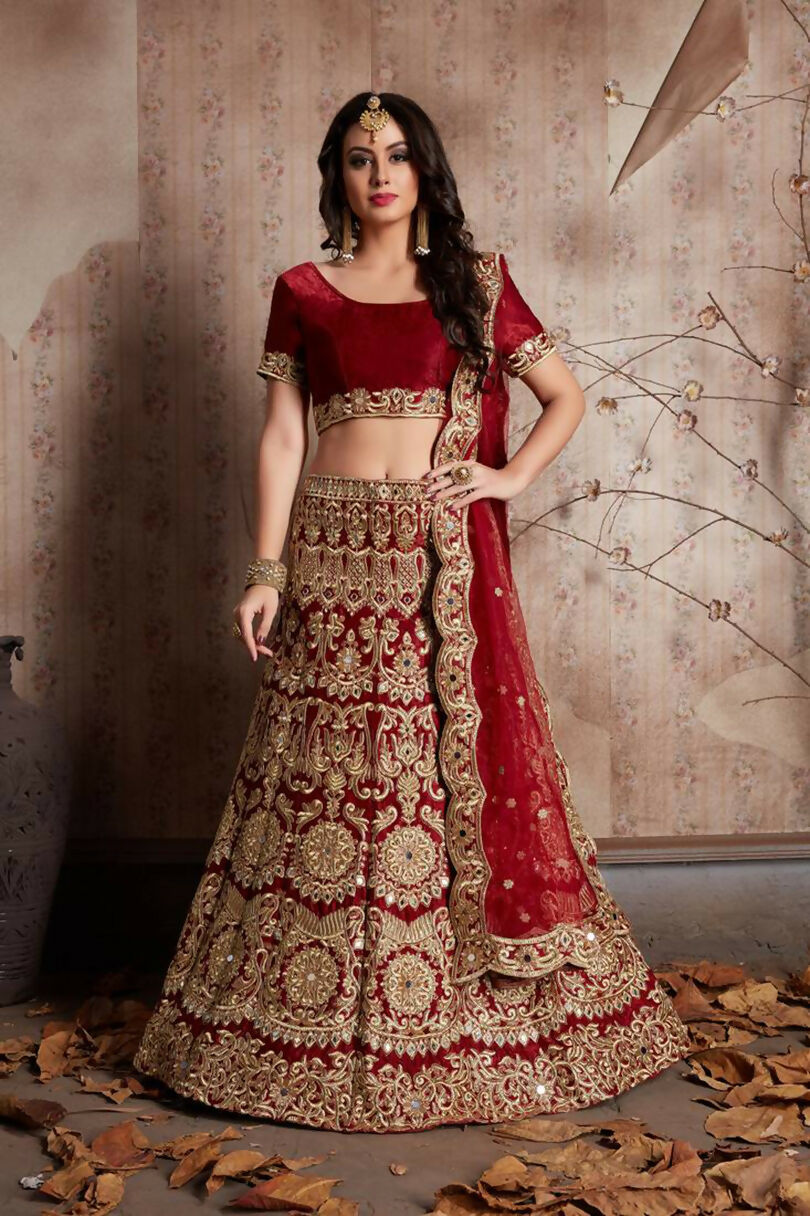 Jyoti Fashion Mesmerizing Red Sequins Embroidered Velvet Lehenga Choli with Dupatta - Distacart
