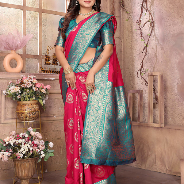 Joban Fashion Hot Pink Banarasi Soft Silk Woven Saree
