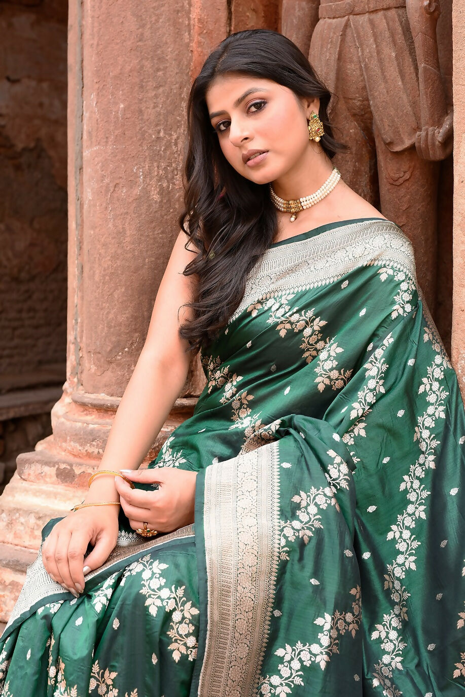 Joban Fashion Emerald Green Banarasi Katan Pure Handloom Banarasi Silk Saree
