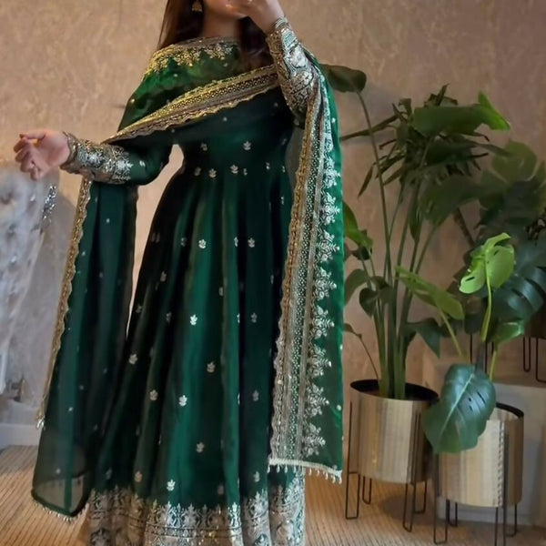 Teeya Creation Green Fendi Silk Designer Heavy Work Wedding Wear Long Gown - Distacart