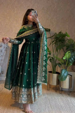 Thumbnail for Teeya Creation Green Fendi Silk Designer Heavy Work Wedding Wear Long Gown - Distacart