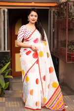 Thumbnail for White Kota Silk Printed Saree with Unstitched Blouse - Hiral Fashion - Distacart