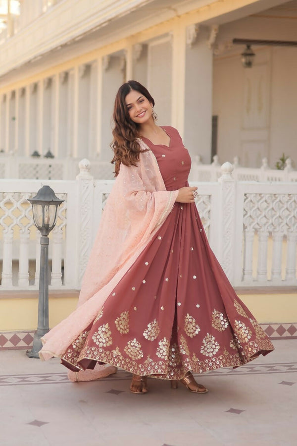 Jyoti Fashion Women's Brown Faux Georgette Sequins Thread Embroidery Anarkali Dress with Dupatta - Distacart