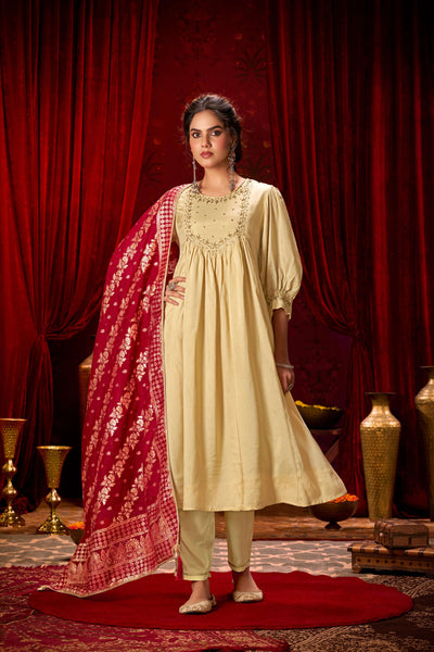 BulBul Gayatri Muslin Beige Kurta Set With Dupatta