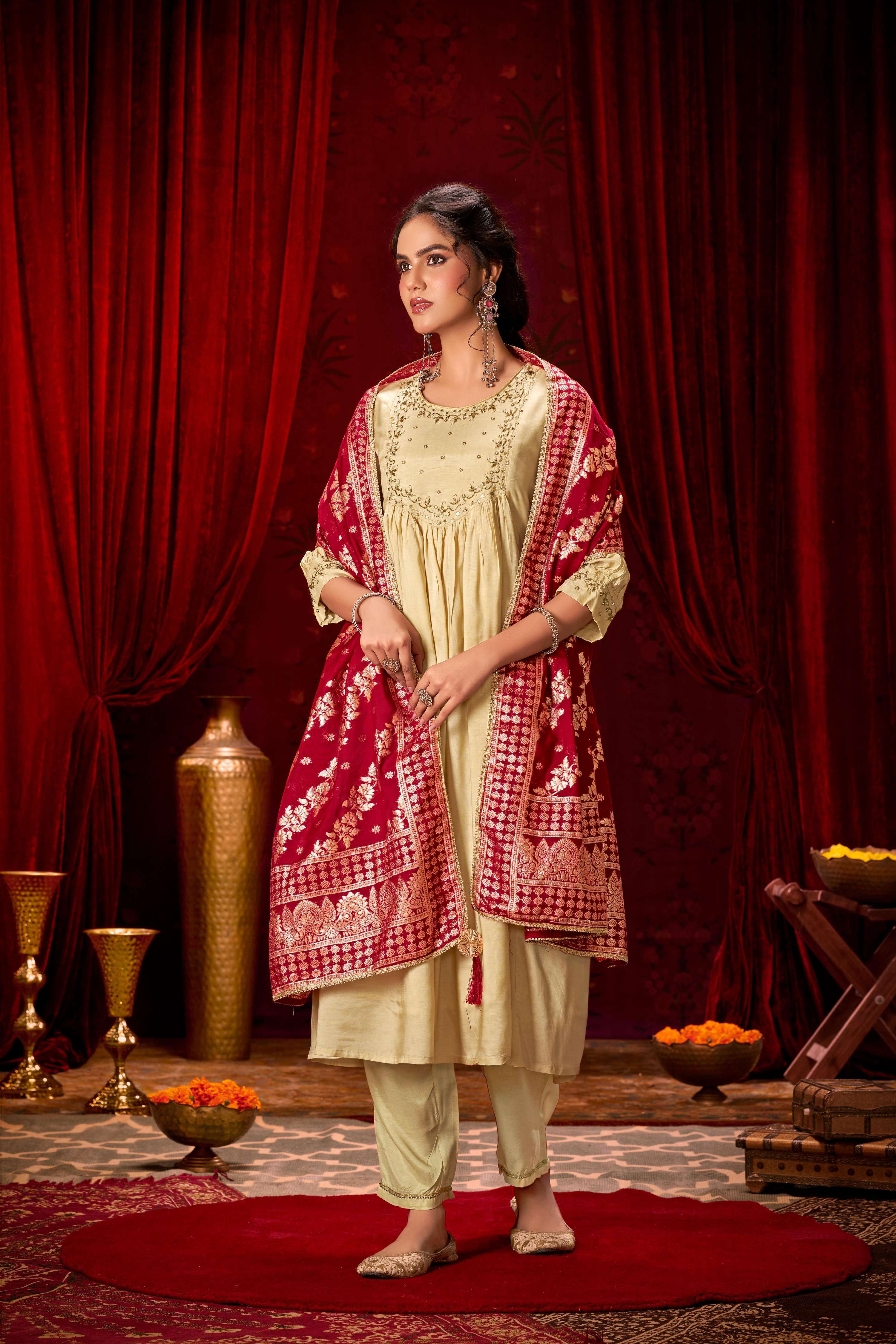 BulBul Gayatri Muslin Beige Kurta Set With Dupatta