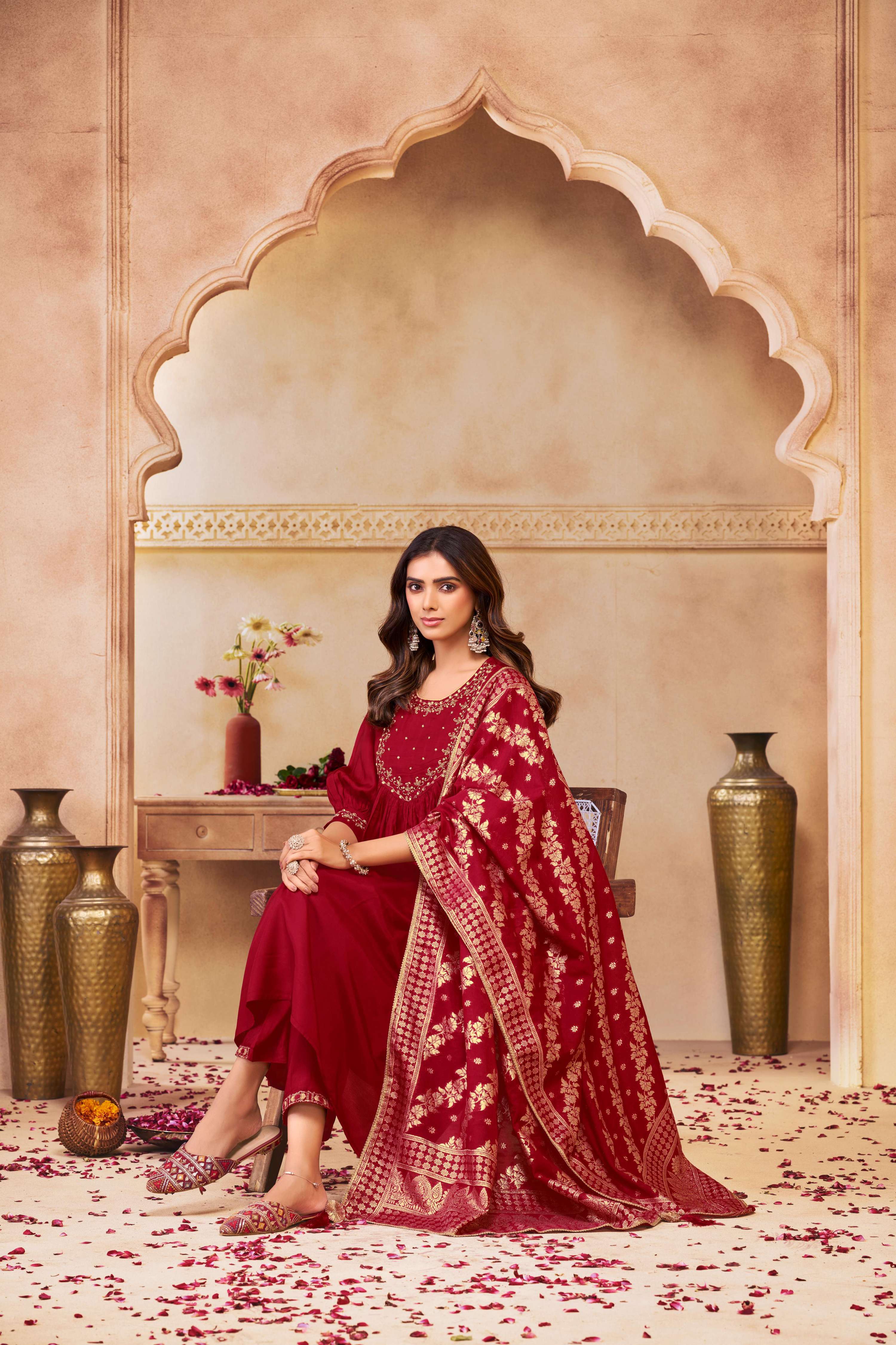 BulBul Gayatri Muslin Red Kurta Set With Dupatta