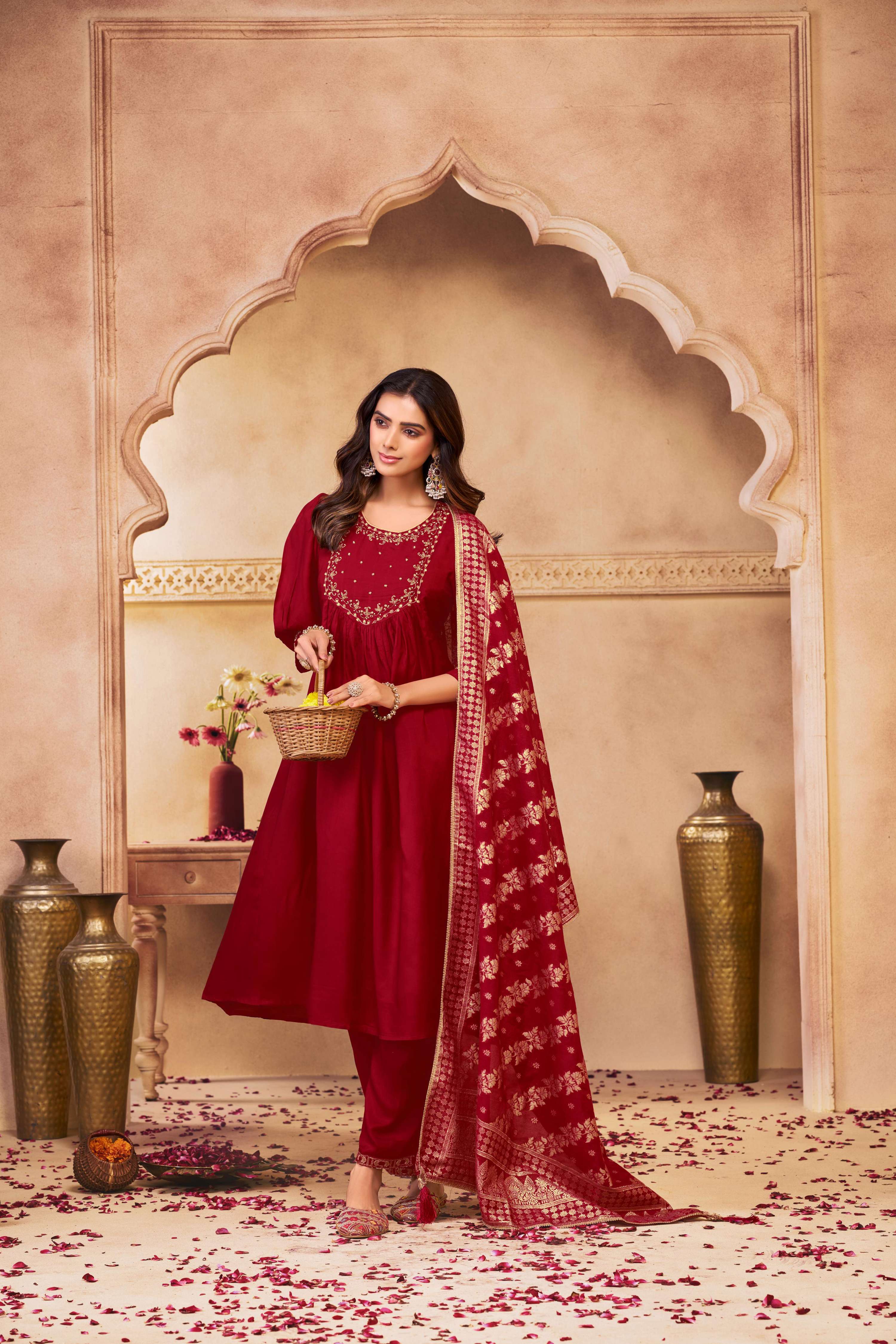 BulBul Gayatri Muslin Red Kurta Set With Dupatta