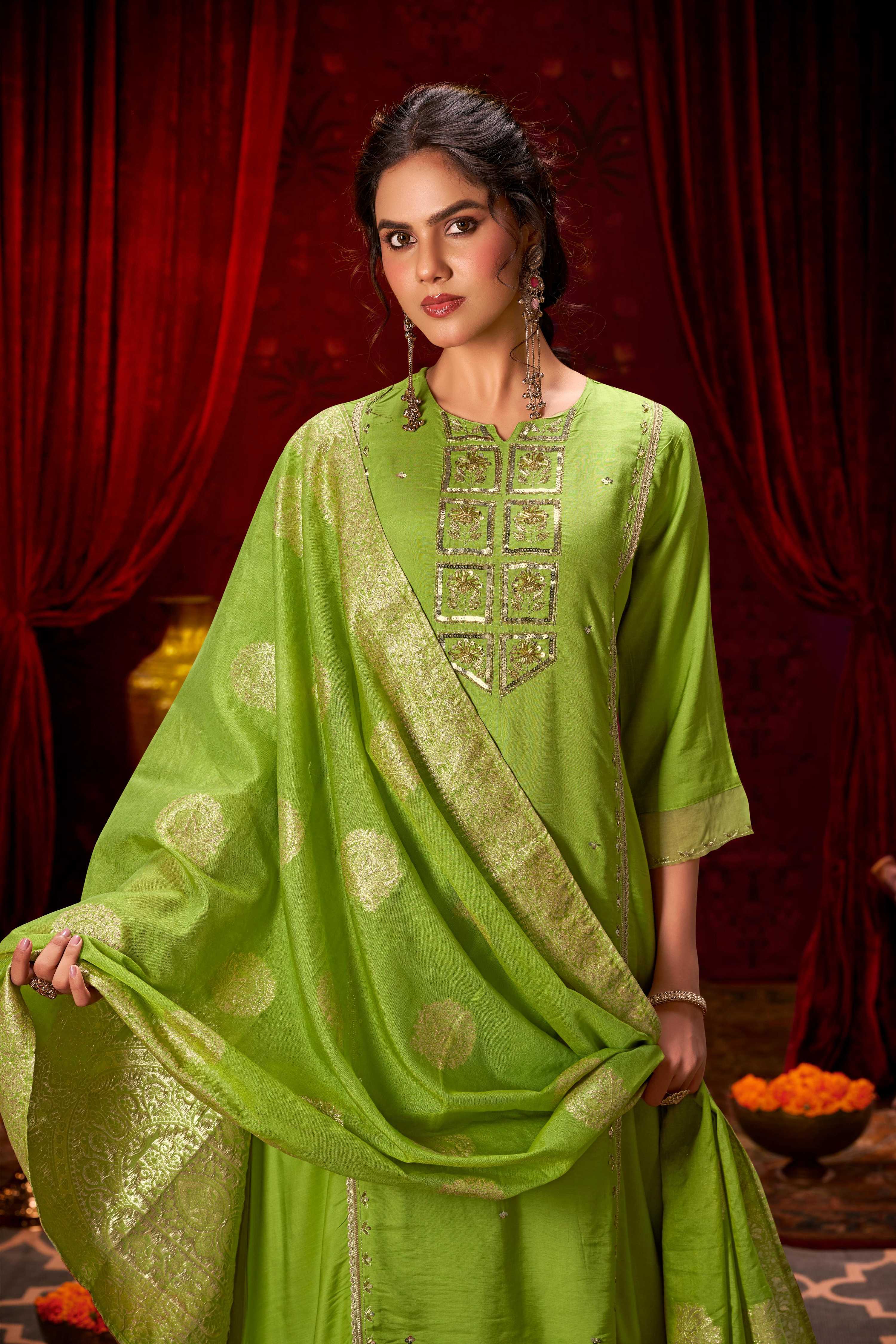 BulBul Nafisa Muslin Green Kurta Set with Dupatta