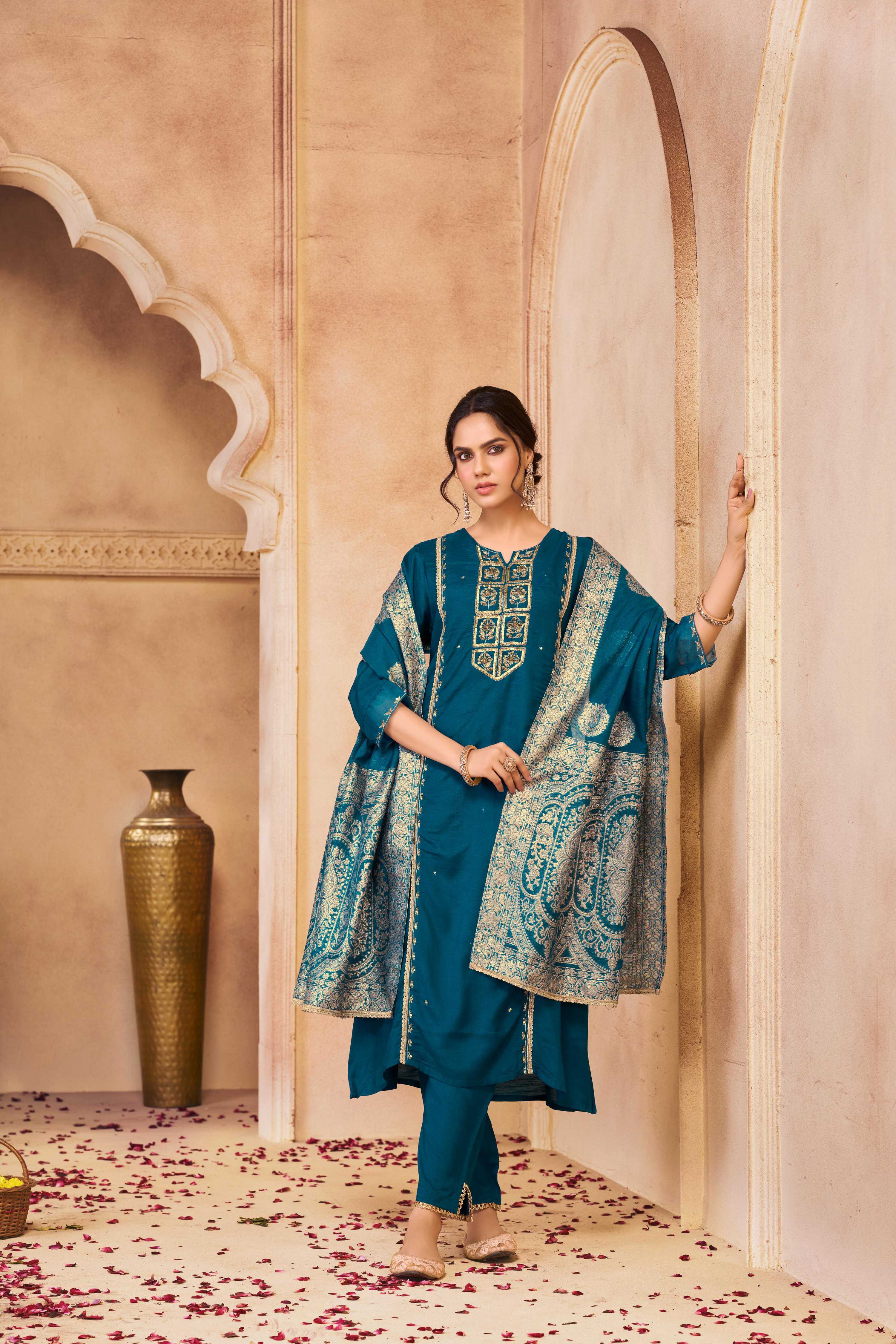 BulBul Nafisa Muslin Teal Kurta Set with Dupatta