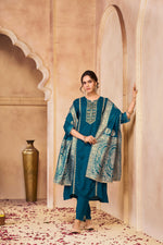 Thumbnail for BulBul Nafisa Muslin Teal Kurta Set with Dupatta