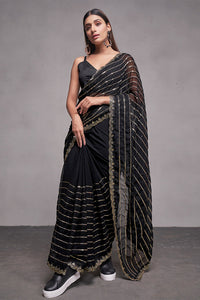 Thumbnail for Malishka Georgette Sequence Embroidery Black Party Wear Saree With Blouse Piece - Distacart