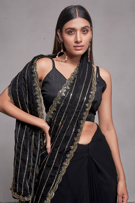 Malishka Georgette Sequence Embroidery Black Party Wear Saree With Blouse Piece - Distacart