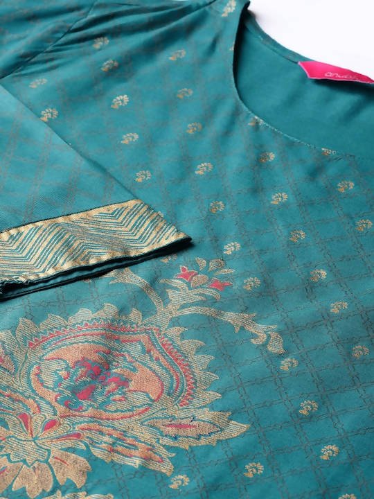 Anubhutee Peacock Blue Kurta Set with Golden Traditional Motifs - Distacart