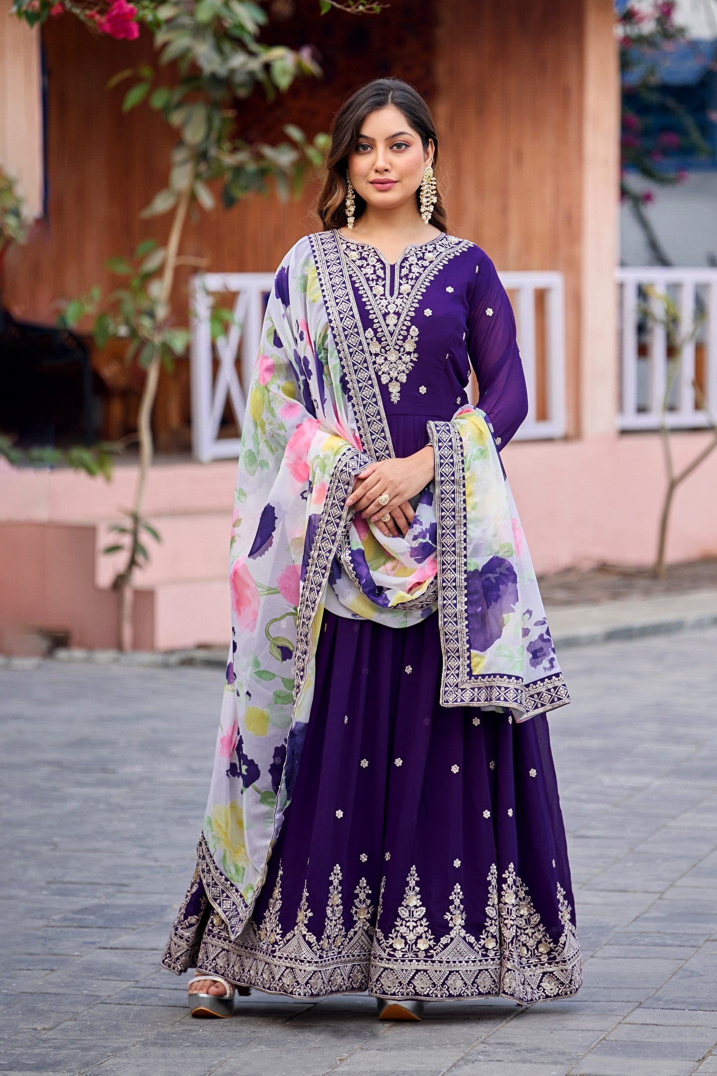 Anaita Purple Embroidered Georgette Stitched Anarkali Suit With Dupatta - Distacart