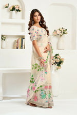 Thumbnail for Vastranavya Cream Digital Printed Linen Ready To Wear Designer Saree with Unstitched Blouse - Distacart