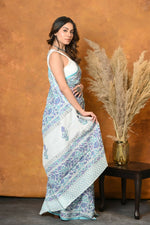 Thumbnail for Very Much Indian Handblock Printed Cotton Saree With Natural Dyes - White - Distacart