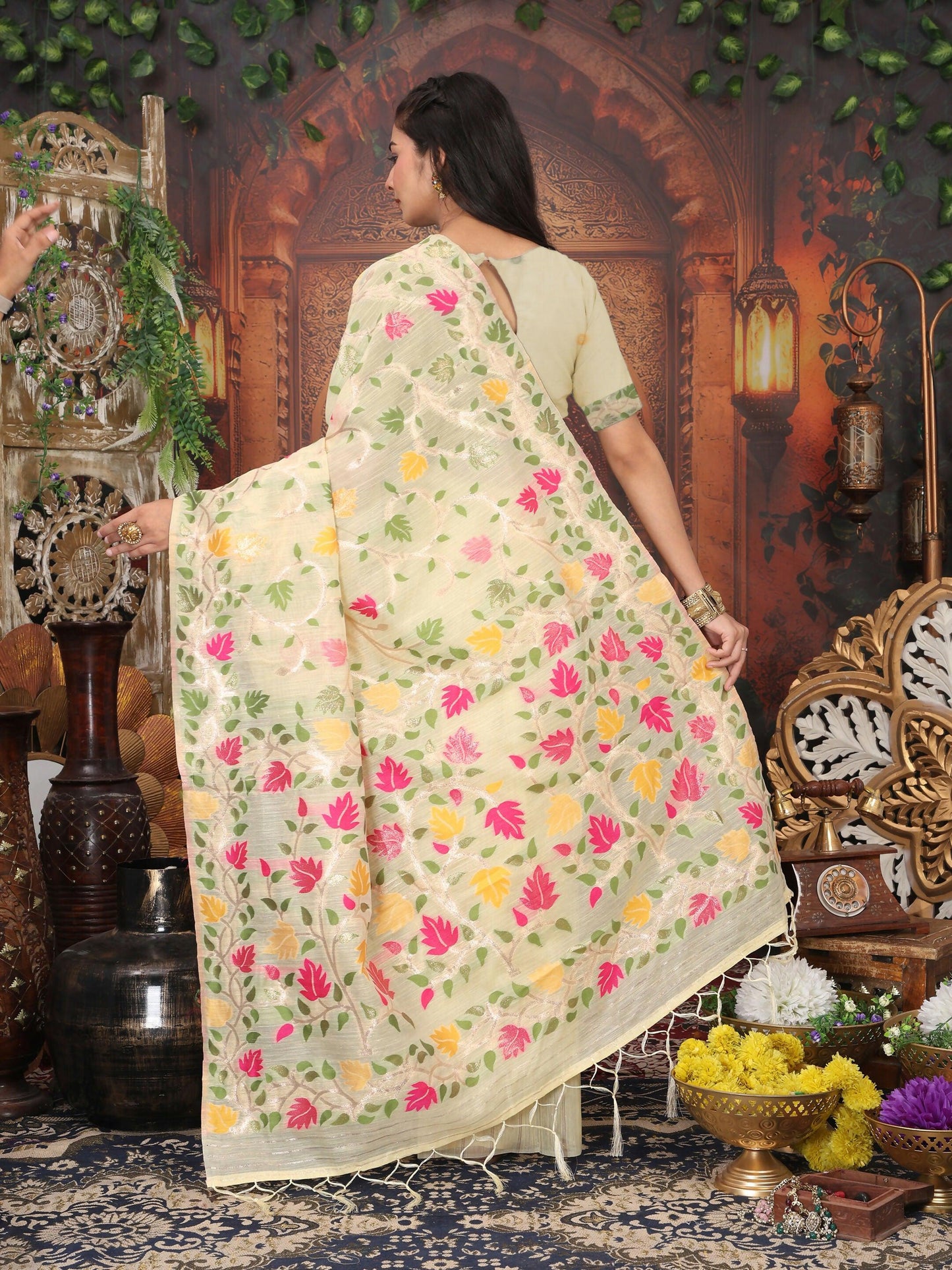 Shree Shyam Fashion Linen Cotton Cream Saree - Distacart