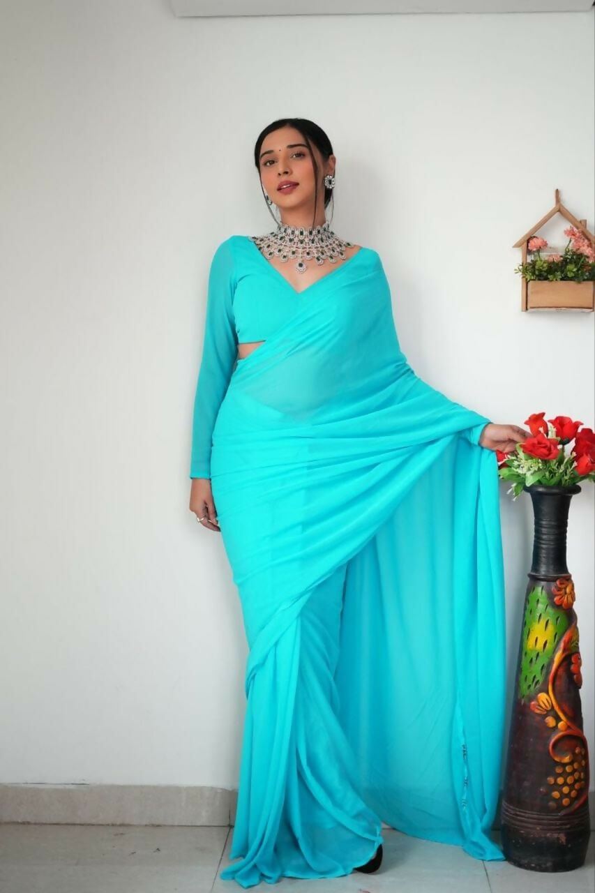 Malishka Georgette Printed Ready To Wear Saree With Blouse Piece - Sky Blue - Distacart