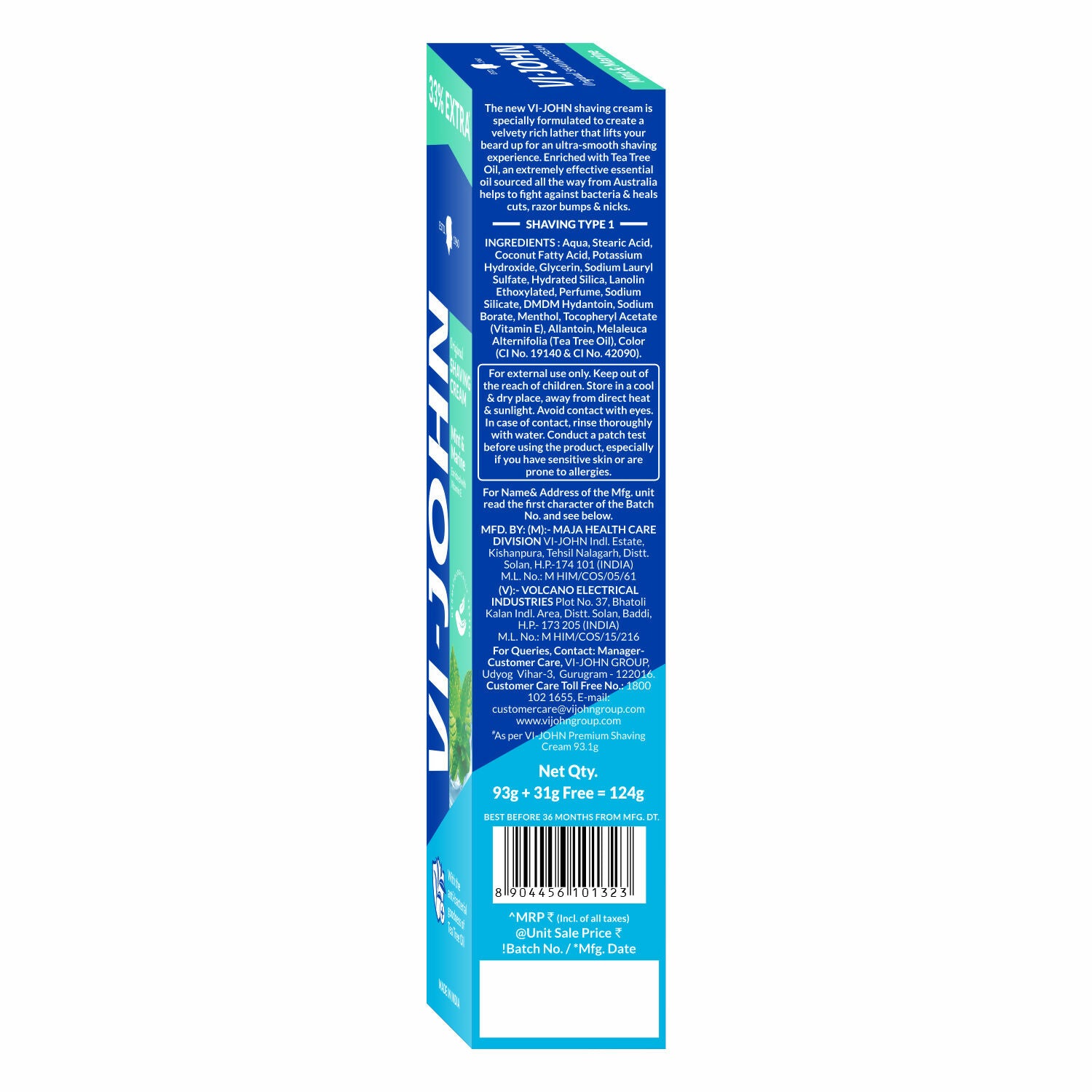 VI-JOHN Dermatologically Tested Vitamin-E enriched Anti Bacterial Mint & Marine Shaving Cream - Distacart