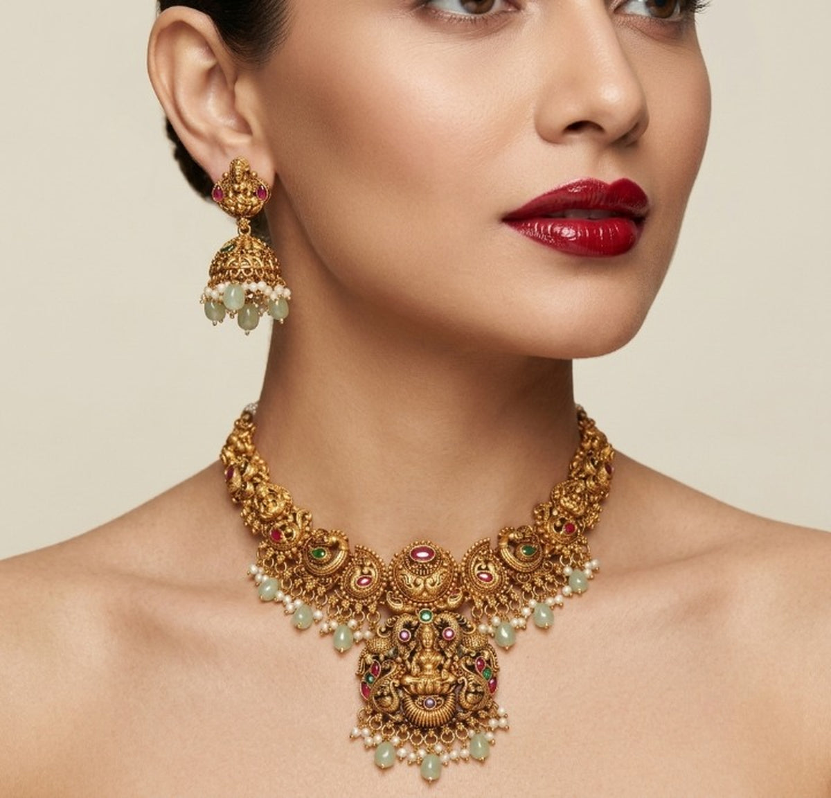 Jewel City Antique Gold Temple Jewelry Set: Lakshmi Necklace with Jhumka Earrings