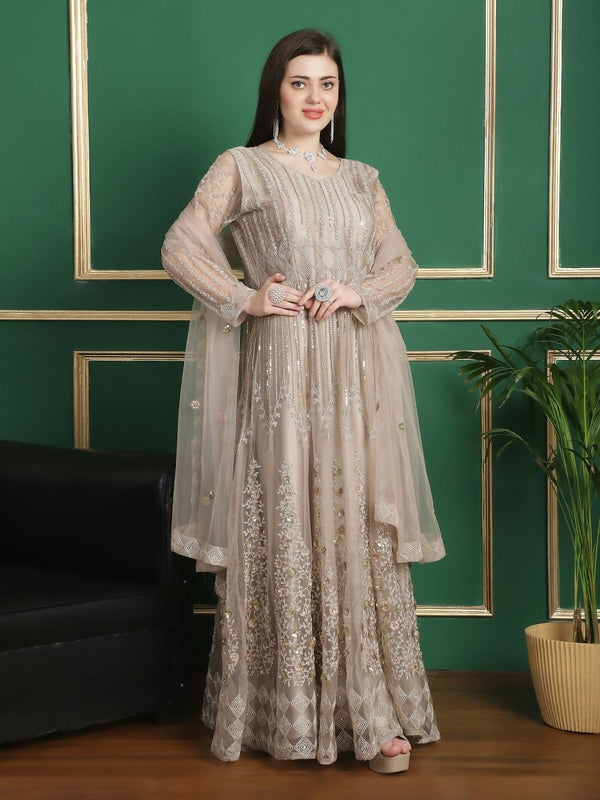 Aastha Fashion Women's Beige Green Net Floral Cording with Sequin & Crystal work Anarkali Dress Set - Distacart