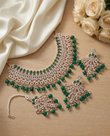 Jewel City Green Kundan Choker Necklace Set with Earrings & Maang Tikka | Indian Bridal Wedding & Bollywood Festival Jewelry - Dista