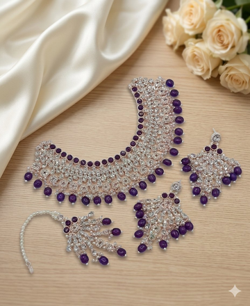 Jewel City Purple Kundan Choker Necklace Set with Earrings & Maang Tikka | Indian Bridal Wedding & Bollywood Festival Jewelry - Dista