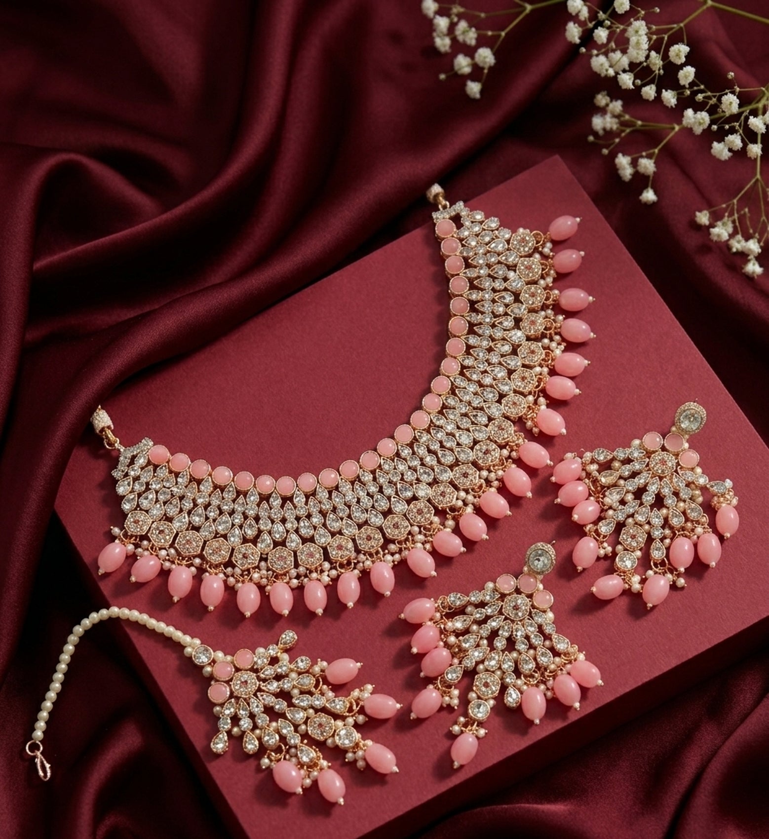 Jewel City Kundan Choker Necklace Set with Earrings & Maang Tikka | Indian Bridal Wedding & Bollywood Festival Jewelry - Dista