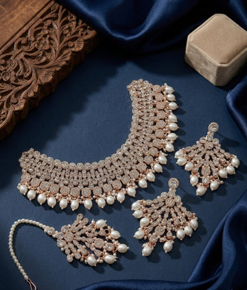 Jewel City Kundan Choker Necklace Set with Earrings & Maang Tikka | Indian Bridal Wedding & Bollywood Festival Jewelry - Dista