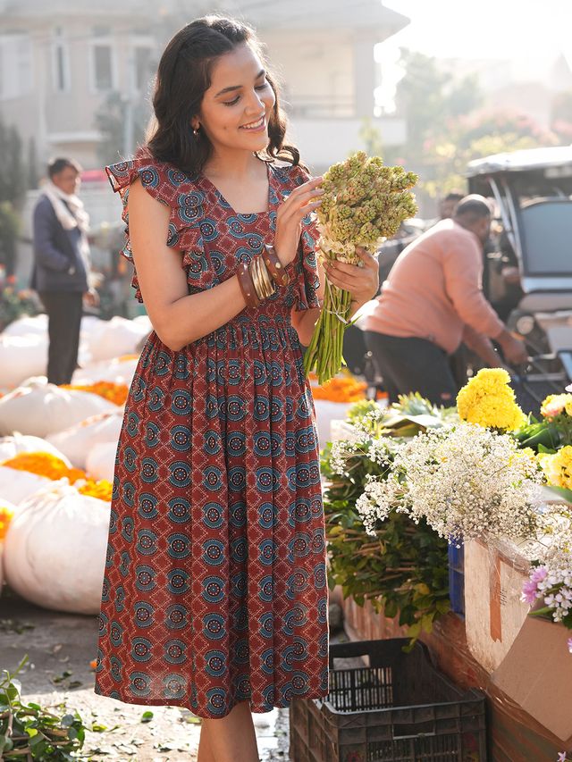 Janasya Rust Fit & Flare Cotton Dress - Dista