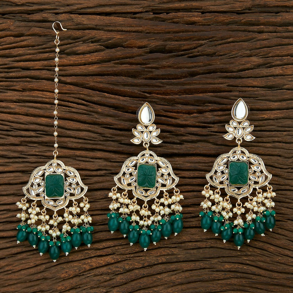 Joban Fashion Women Kundan Pearl, Onyx Stone Golden White Green Earring Tika