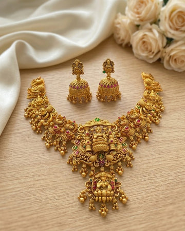 Jewel City Gold Temple Jewelry Set - Lakshmi Devi Necklace & Jhumka Earrings - Dista