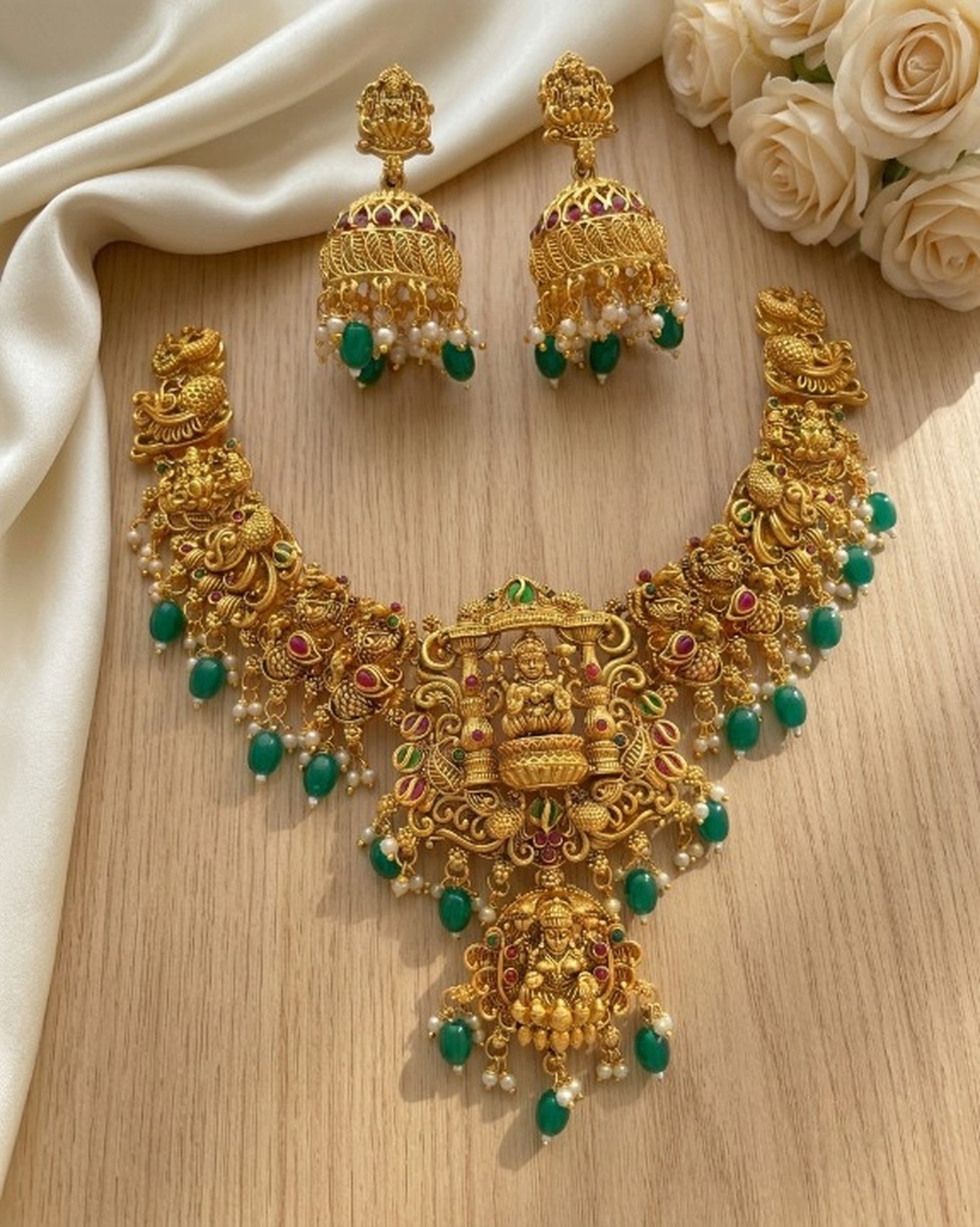 Jewel City Gold Temple Jewelry Set - Green Lakshmi Devi Necklace & Jhumka Earrings - Dista