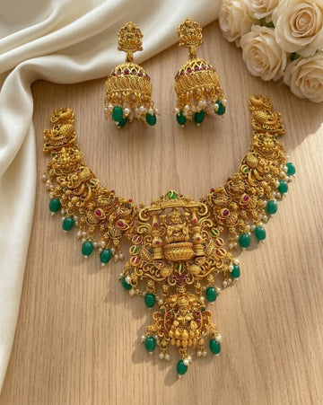 Jewel City Gold Temple Jewelry Set - Green Lakshmi Devi Necklace & Jhumka Earrings - Dista