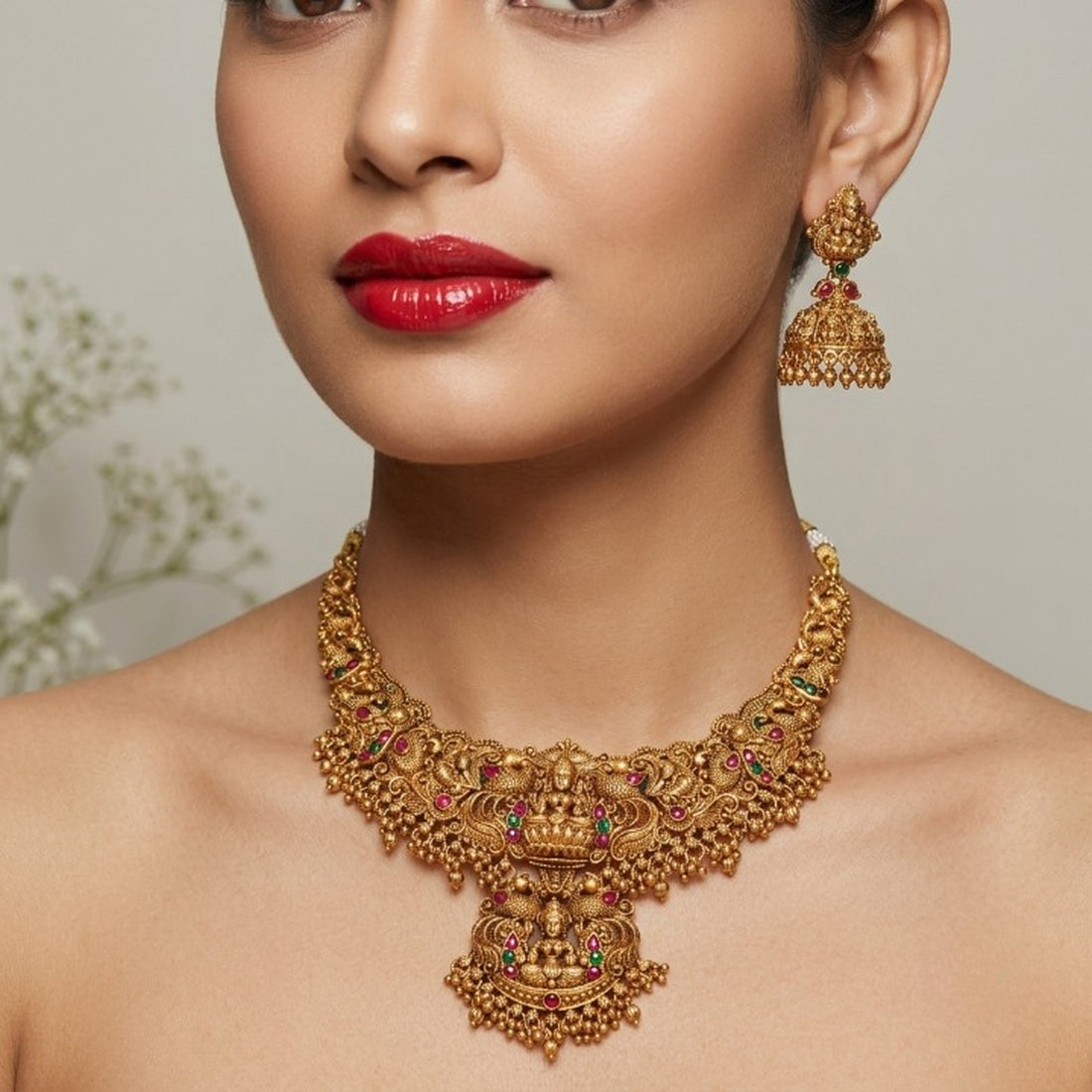 Jewel City South Indian Temple Jewelry Antique Gold Plated Necklace Set with Goddess Lakshmi & Jhumka Earrings