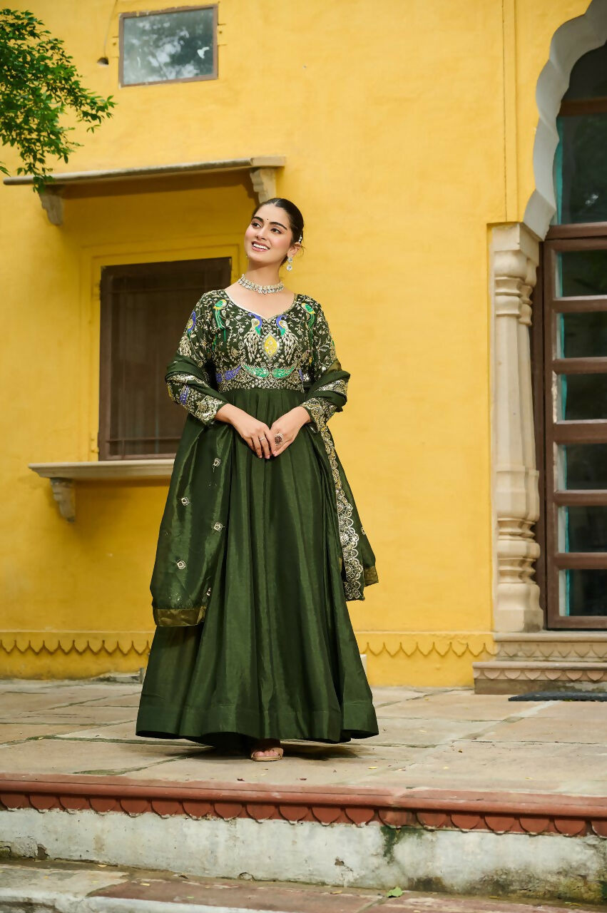 Preksha Creation Premium Vichitra Fabrics With Multi Thread & Zari Embroidered Work Anarkali Gown With Dupatta