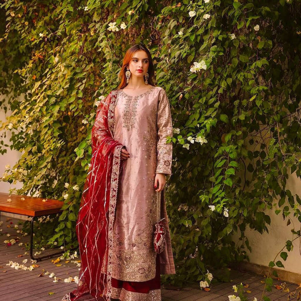 Prazu Fashion Peach Frendy Silk Embroidered Riveted Moti Work Palazzo Suit