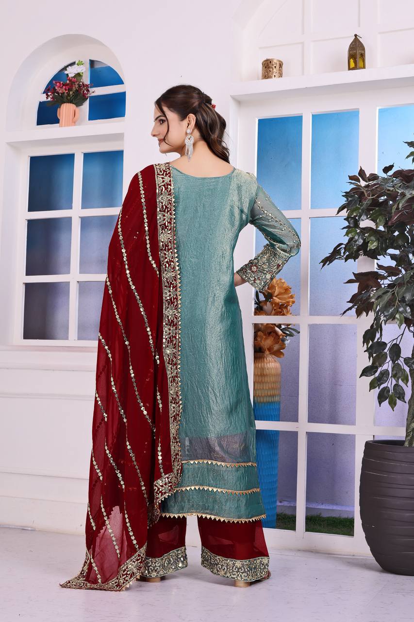 Prazu Fashion Sky Blue Frendy Silk Embroidered Riveted Moti Work Palazzo Suit