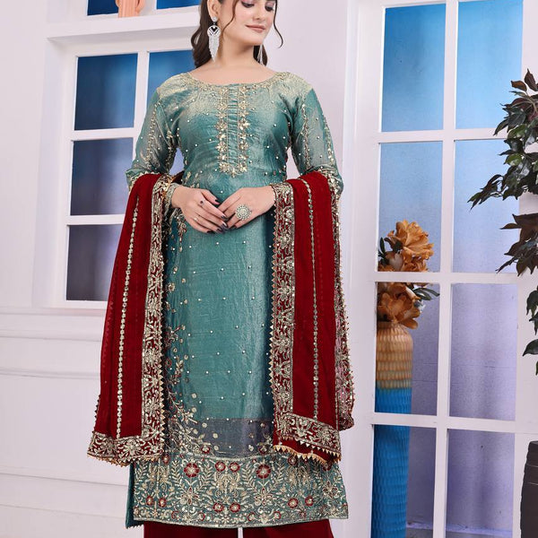 Prazu Fashion Sky Blue Frendy Silk Embroidered Riveted Moti Work Palazzo Suit