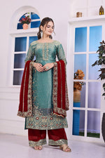 Thumbnail for Prazu Fashion Sky Blue Frendy Silk Embroidered Riveted Moti Work Palazzo Suit