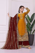 Thumbnail for Prazu Fashion Yellow Frendy Silk Embroidered Riveted Moti Work Palazzo Suit